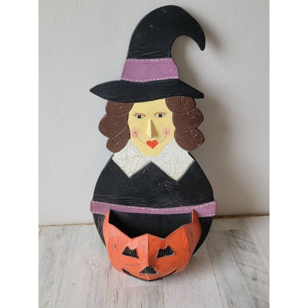 Vintage witch candy bowl figure Halloween pumpkin hanging home decor